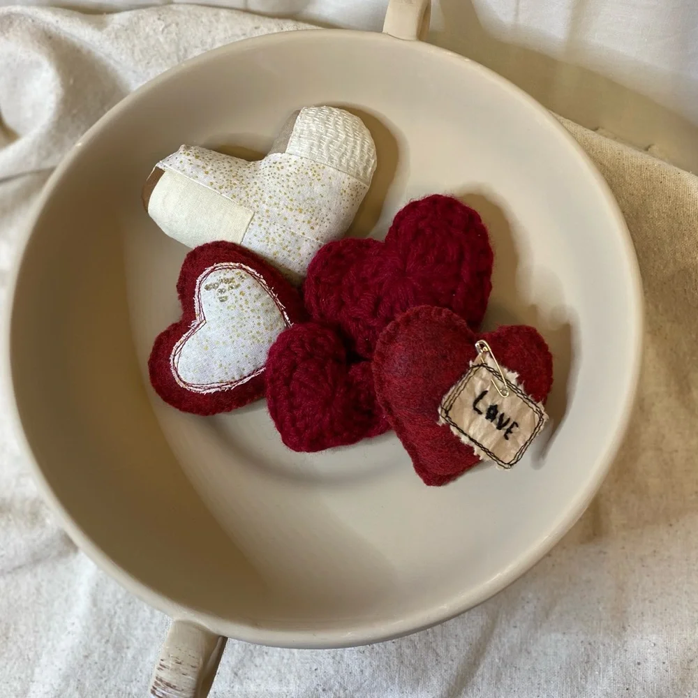 Valentine hearts  curated set bowl filler handmade hearts from fabric and yarn